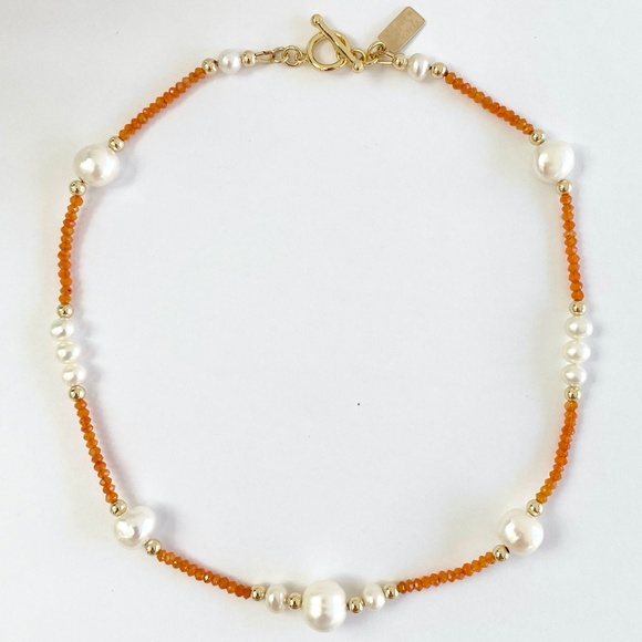 Freshwater Pearl, Carnelian & 14K Gold Necklace - Picture 7 of 7